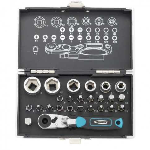 Набор бит с торц.головками, 1/4, магнитн.адапт., сталь S2, пластик.кейс 26предм. Gross фото 1