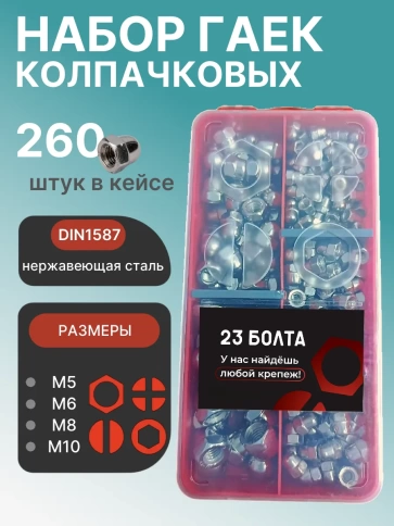 Гайки колпачковые нержавеющие М5,6,8,10 органайзер НАБОР 1 фото 1