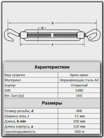 Талреп крюк-крюк нержавеющий А4 М8 DIN1480, 2 шт. фото 2