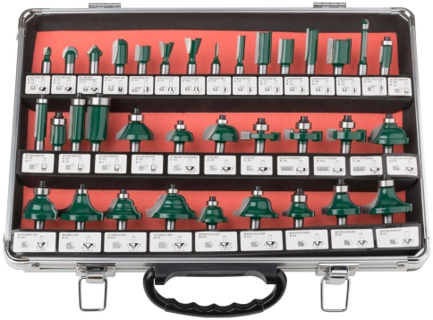 Фрезы по дереву кромочные, набор 35шт., алюм.кейс, хвостовик 8 мм фото 1