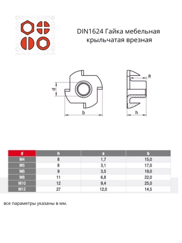 Гайка мебельная М6,8,10 крыльчатая ОЦ DIN1624 (по 10 шт) фото 2