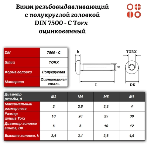 Винт резьбовыдавливающий DIN 7500 С Torx М6х25 оцинкованный, 1000 шт. фото 3