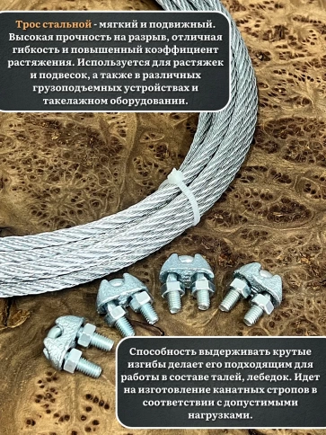 Трос стальной d3 с зажимами (4 шт.) оцинкованный  без оплетки, 10 метров фото 6