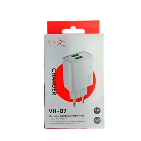 Зарядное устройство сетевое VH-07 2-USB/2.4A длинный блок белый VIXION PRO фото 1