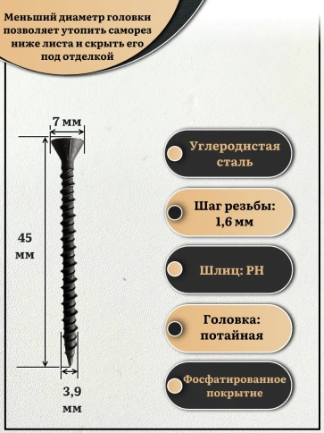 Саморез для крепления ГВЛ (гипсокартон) 3,9х45, чёрный фото 2
